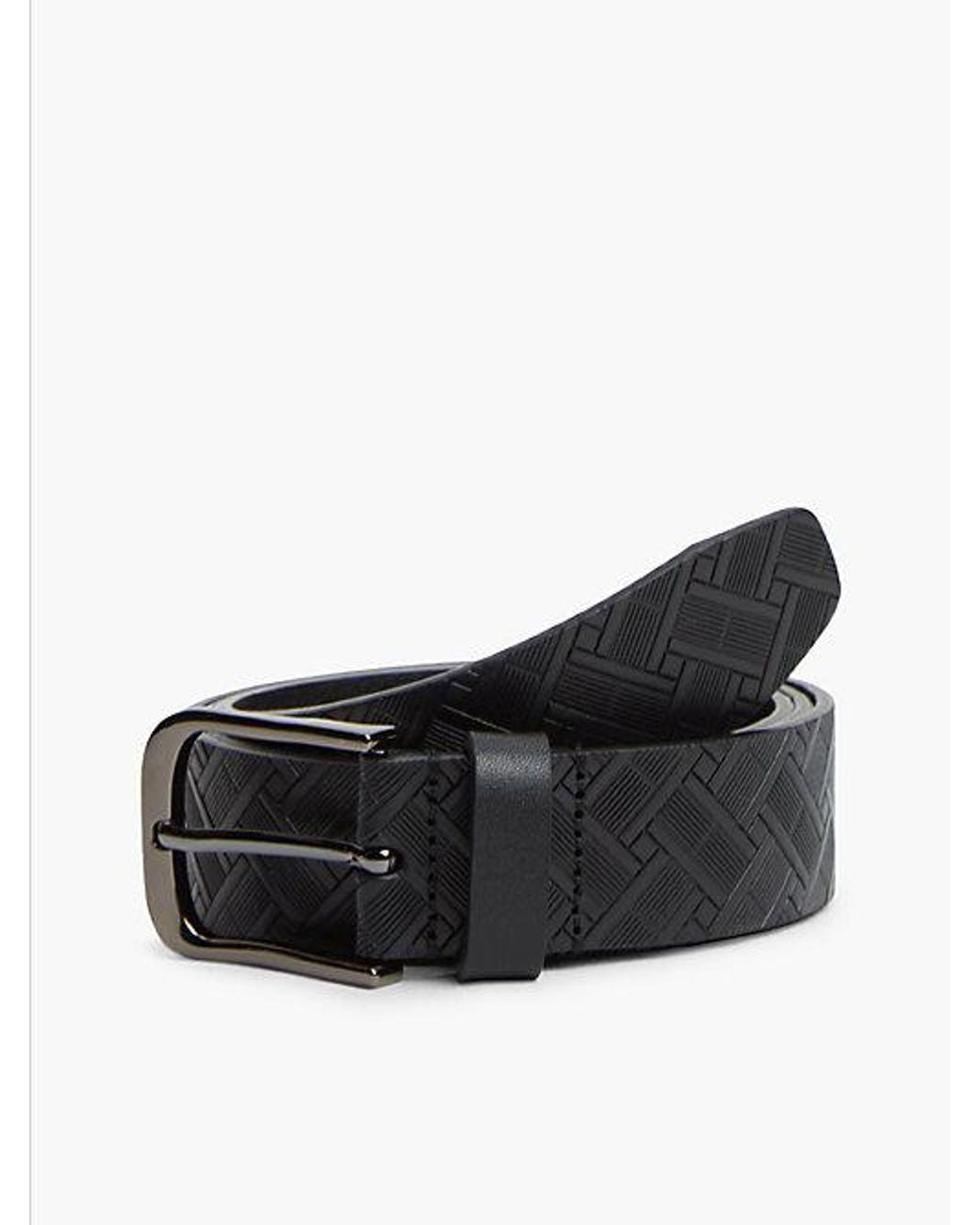 Tommy Hilfiger Black Flag Embossed Square Buckle Leather Belt for men