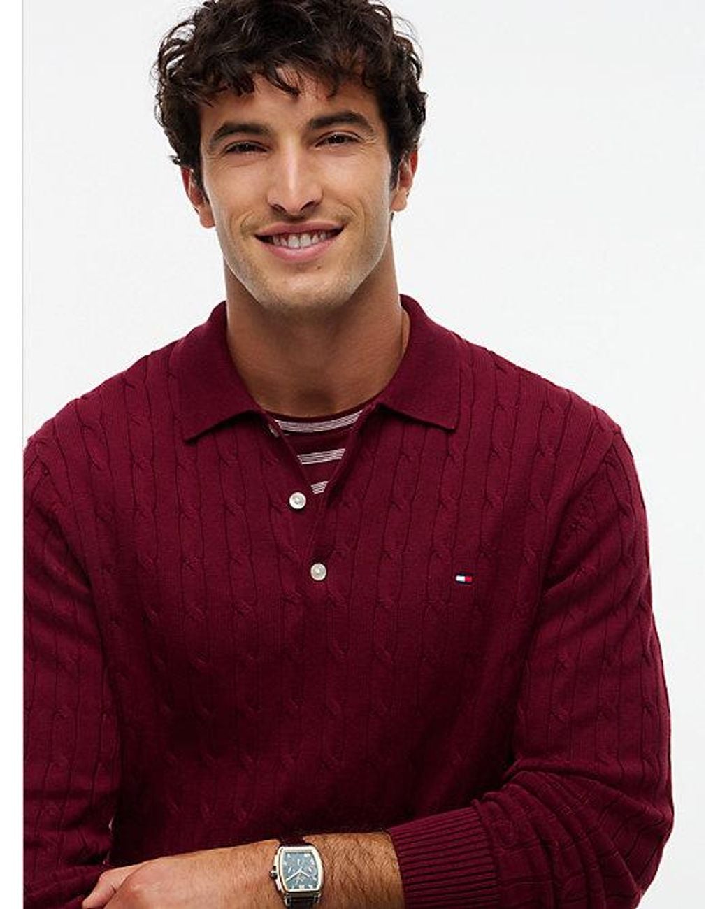 Tommy Hilfiger Red Cable Knit Polo Jumper for men