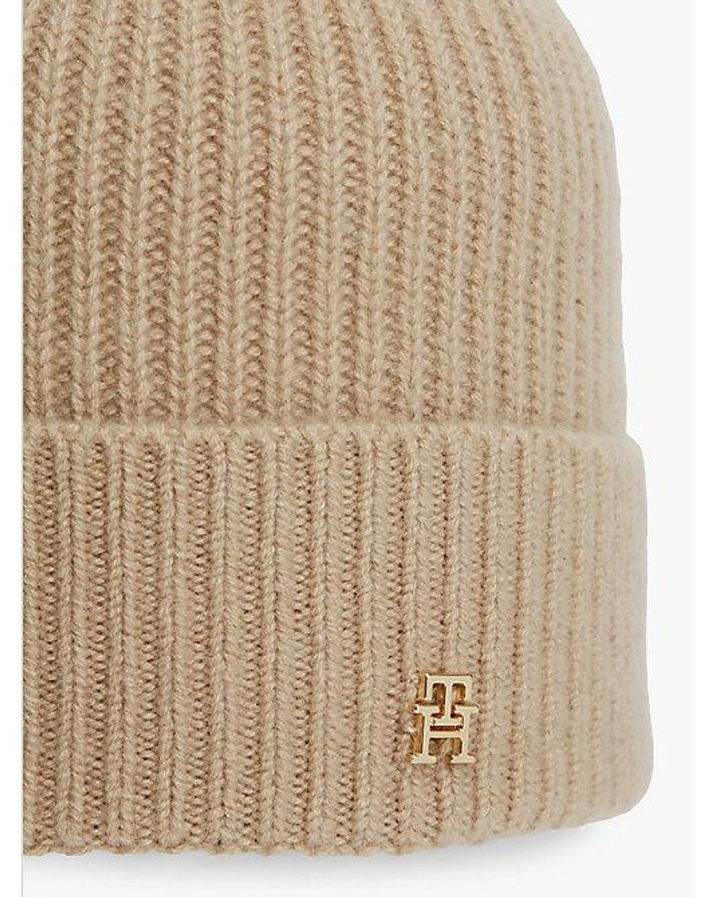 Tommy Hilfiger Natural Pure Cashmere Th Monogram Plaque Beanie
