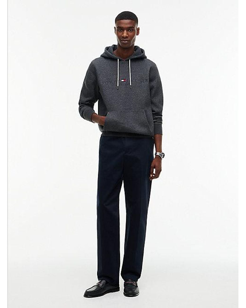 Tommy Hilfiger Blue Logo Embroidery Fleece Drawstring Hoody for men