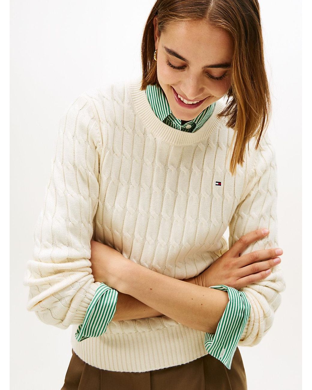 Tommy Hilfiger White Cable Knit Crew Neck Jumper