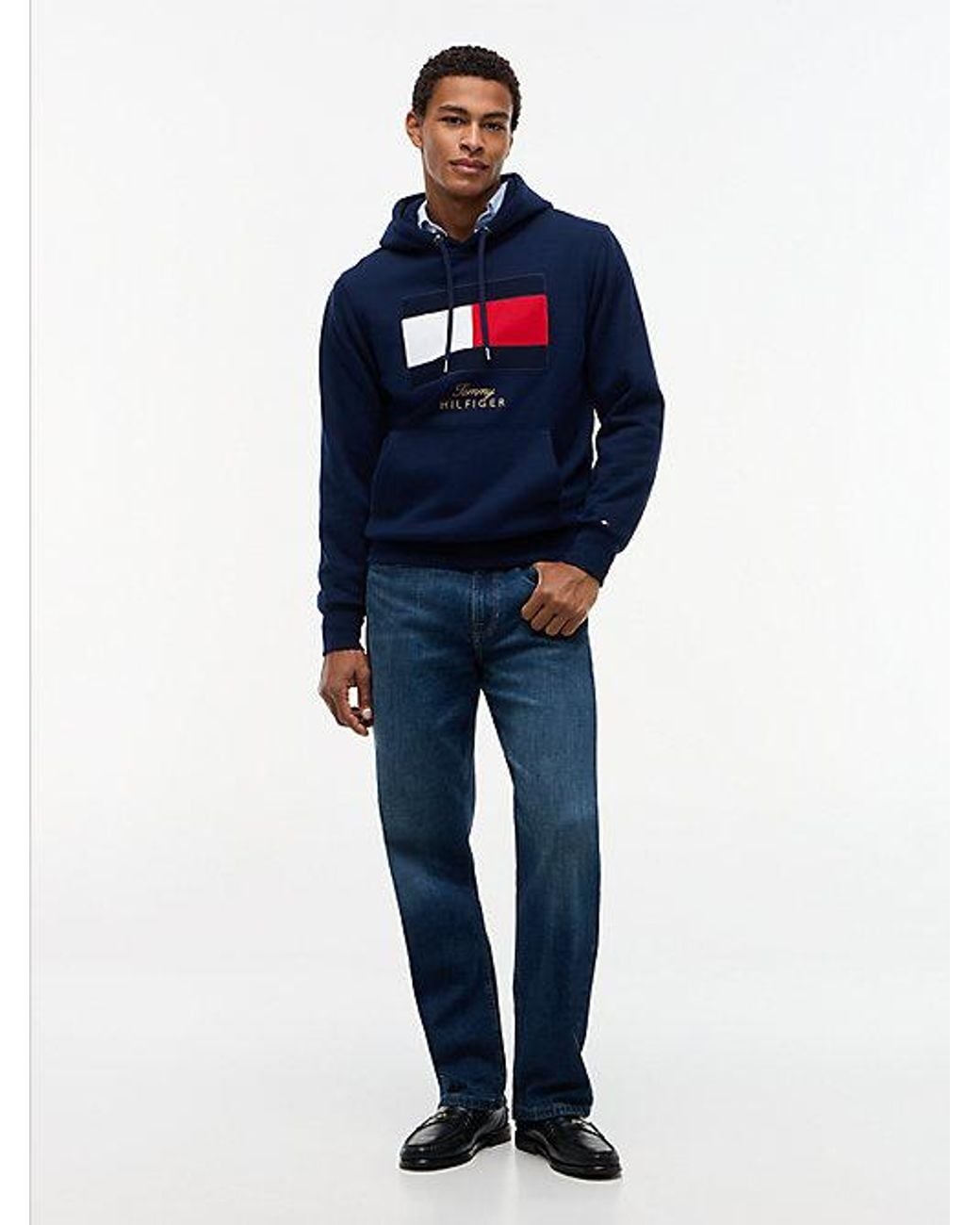 Tommy Hilfiger Blue Flag Embroidery Logo Fleece Hoody for men