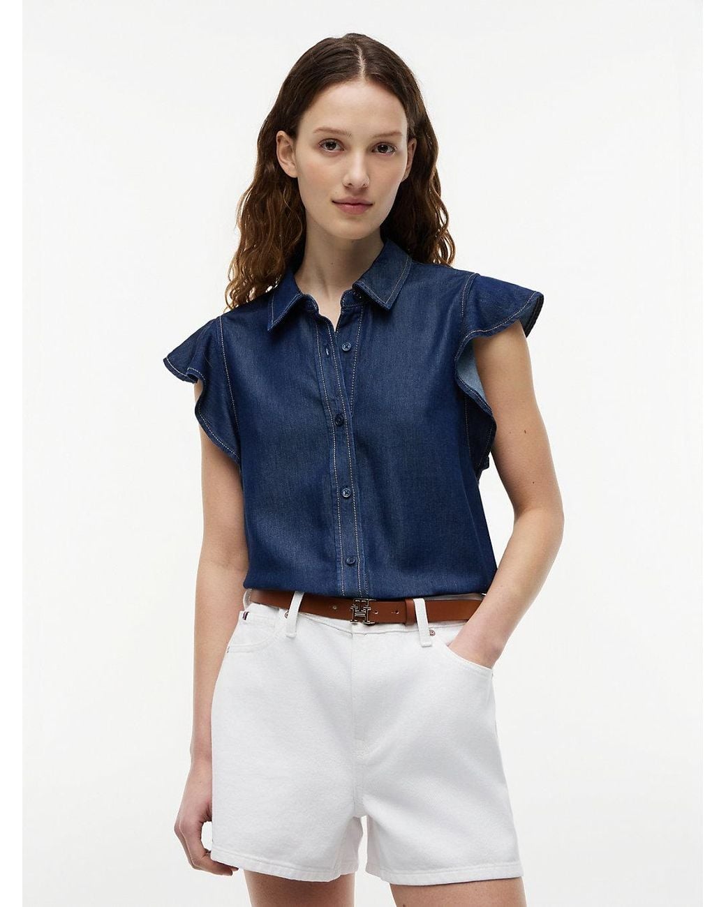 Tommy Hilfiger Blue Regular Ruffle Cap Sleeve Denim Shirt