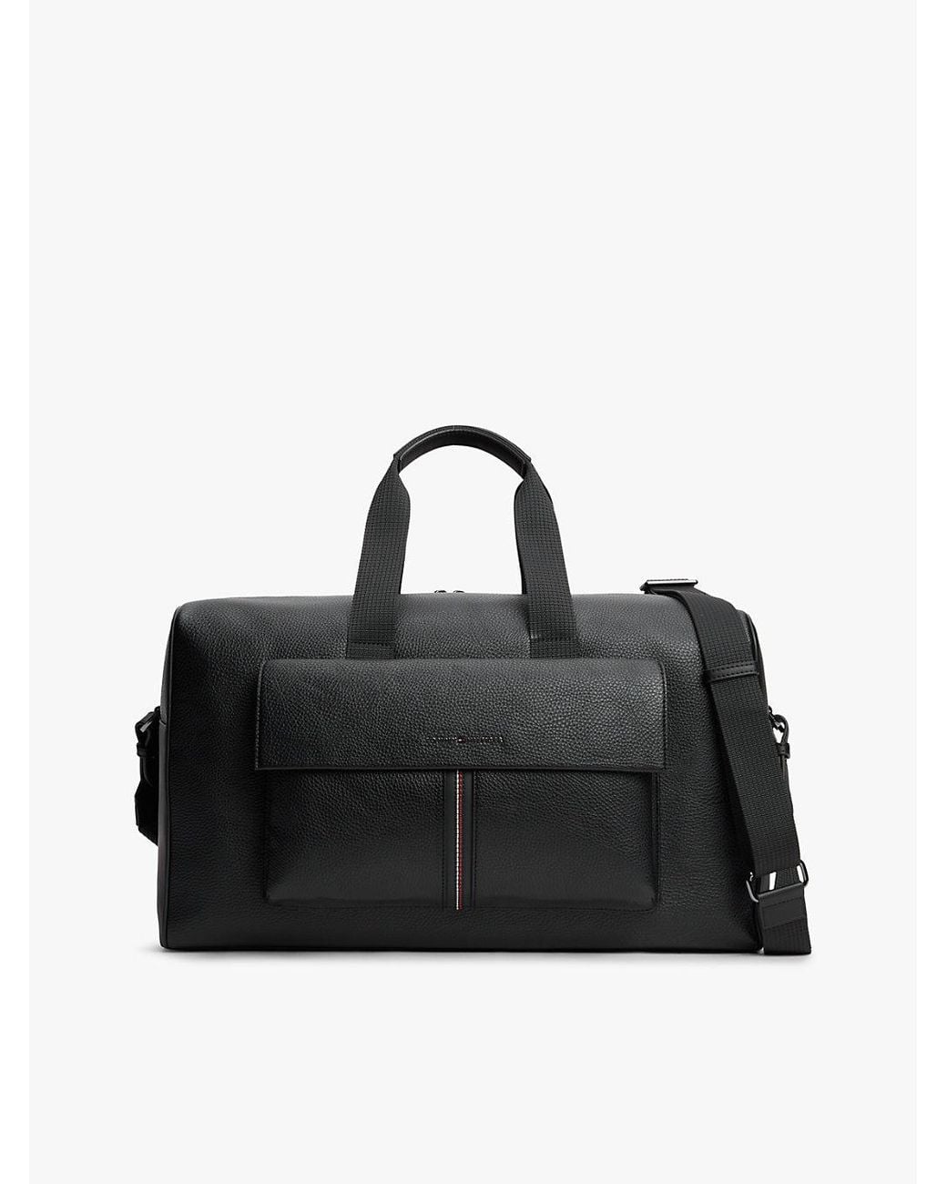 Tommy Hilfiger Black Flap Pocket Pebble Grain Duffel Bag for men