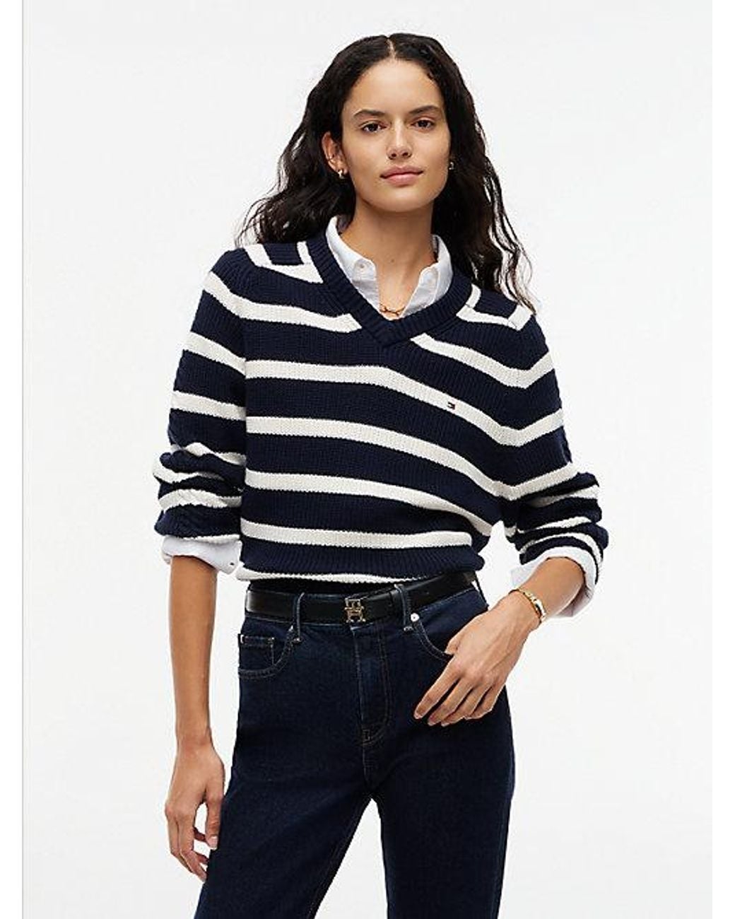 Tommy Hilfiger Blue Cardigan Stitch Relaxed V Neck Jumper
