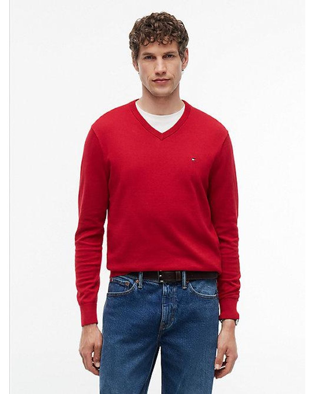 Tommy Hilfiger Red Flag Embroidery V Neck Jumper for men