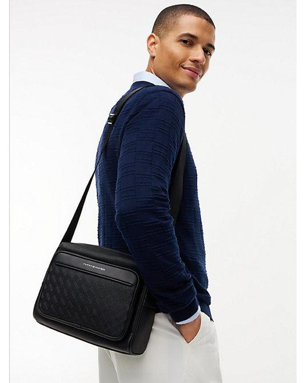 Tommy Hilfiger Black Modern Textured Flag Crossbody Messenger Bag for men
