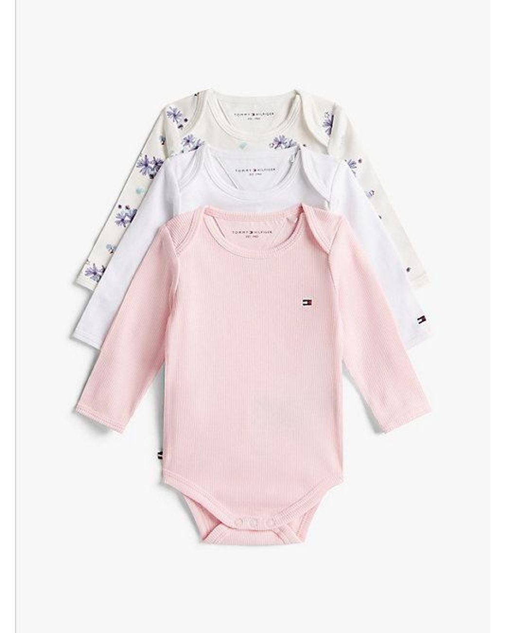 Tommy Hilfiger White 3 Pack Print Jersey Long Sleeve Bodysuits