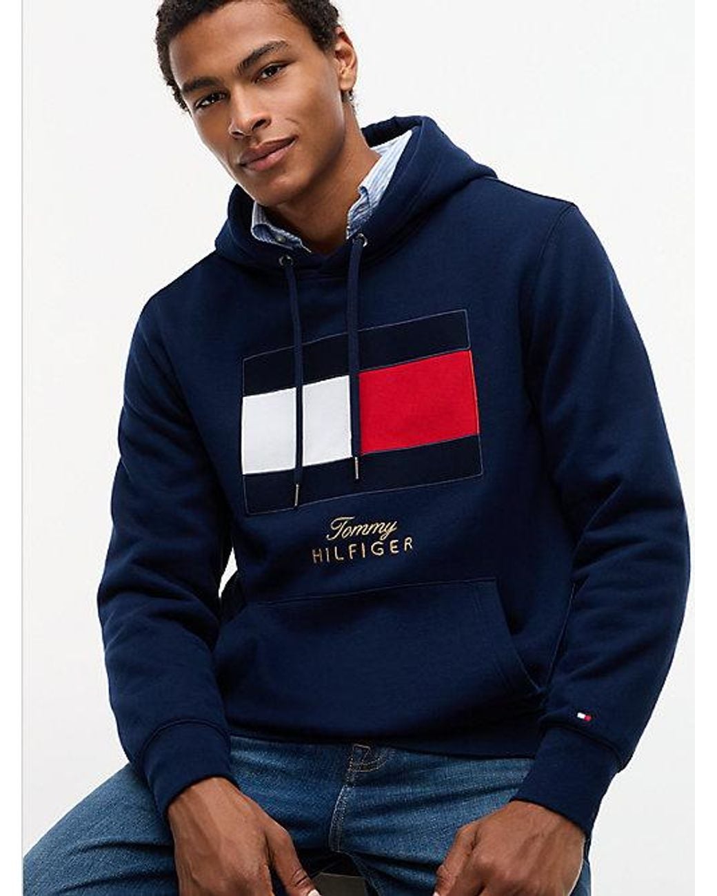 Tommy Hilfiger Blue Flag Embroidery Logo Fleece Hoody for men