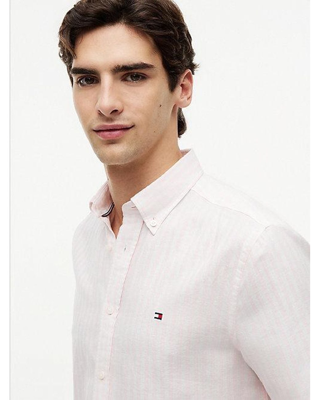 Tommy Hilfiger White Regular Linen Blend Bengal Stripe Short Sleeve Shirt for men