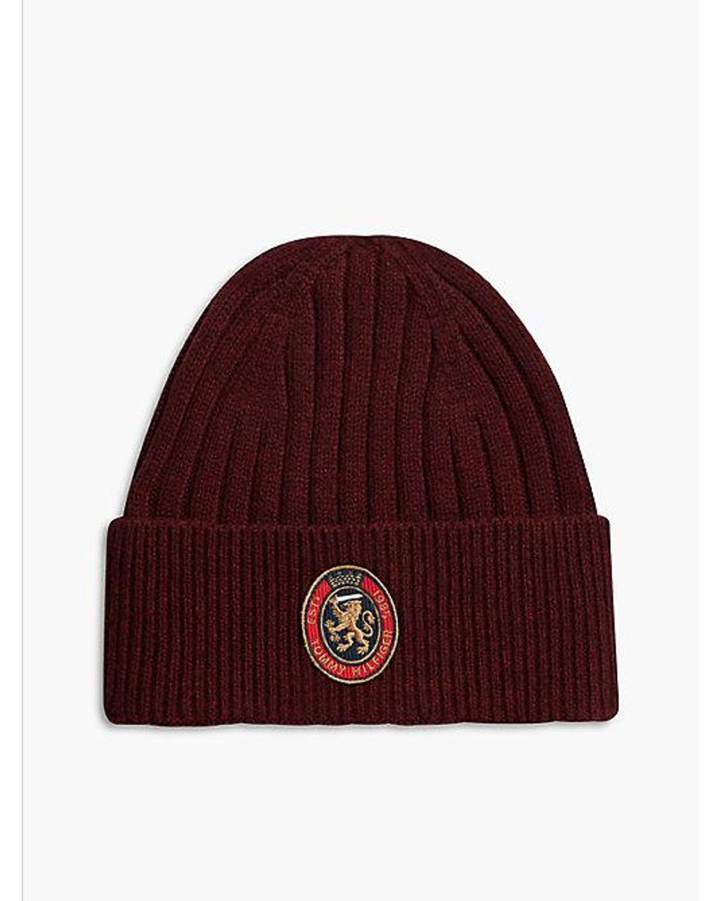 Tommy Hilfiger Red Lambswool Blend Crest Rib Knit Beanie for men