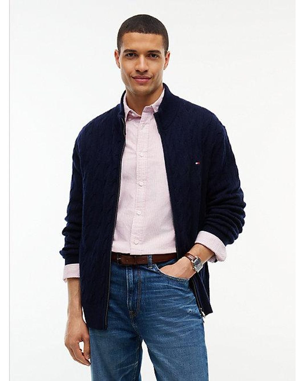 Tommy Hilfiger Blue Lambswool Zip Thru Cable Knit Jumper for men