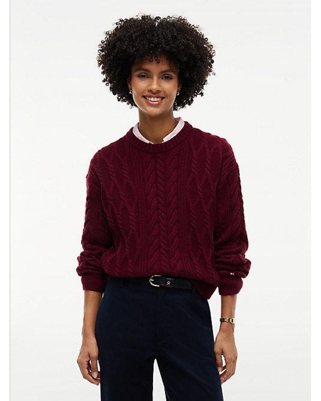 Tommy Hilfiger Red Relaxed Cable Knit Jumper With Silk