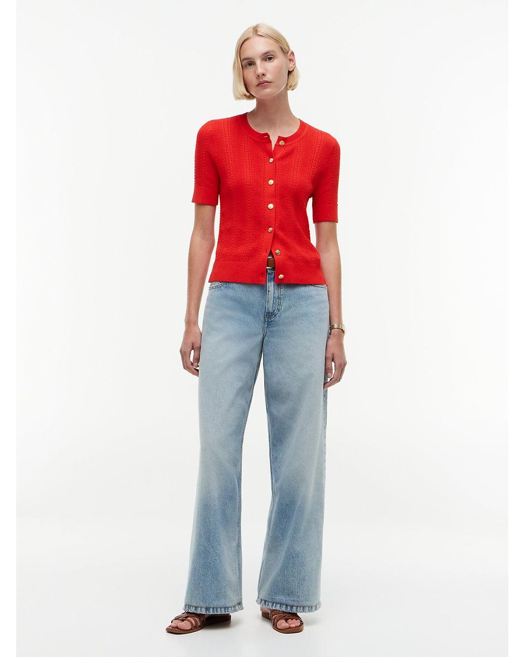 Tommy Hilfiger Red Pointelle-Tone Button Short Sleeve Cardigan