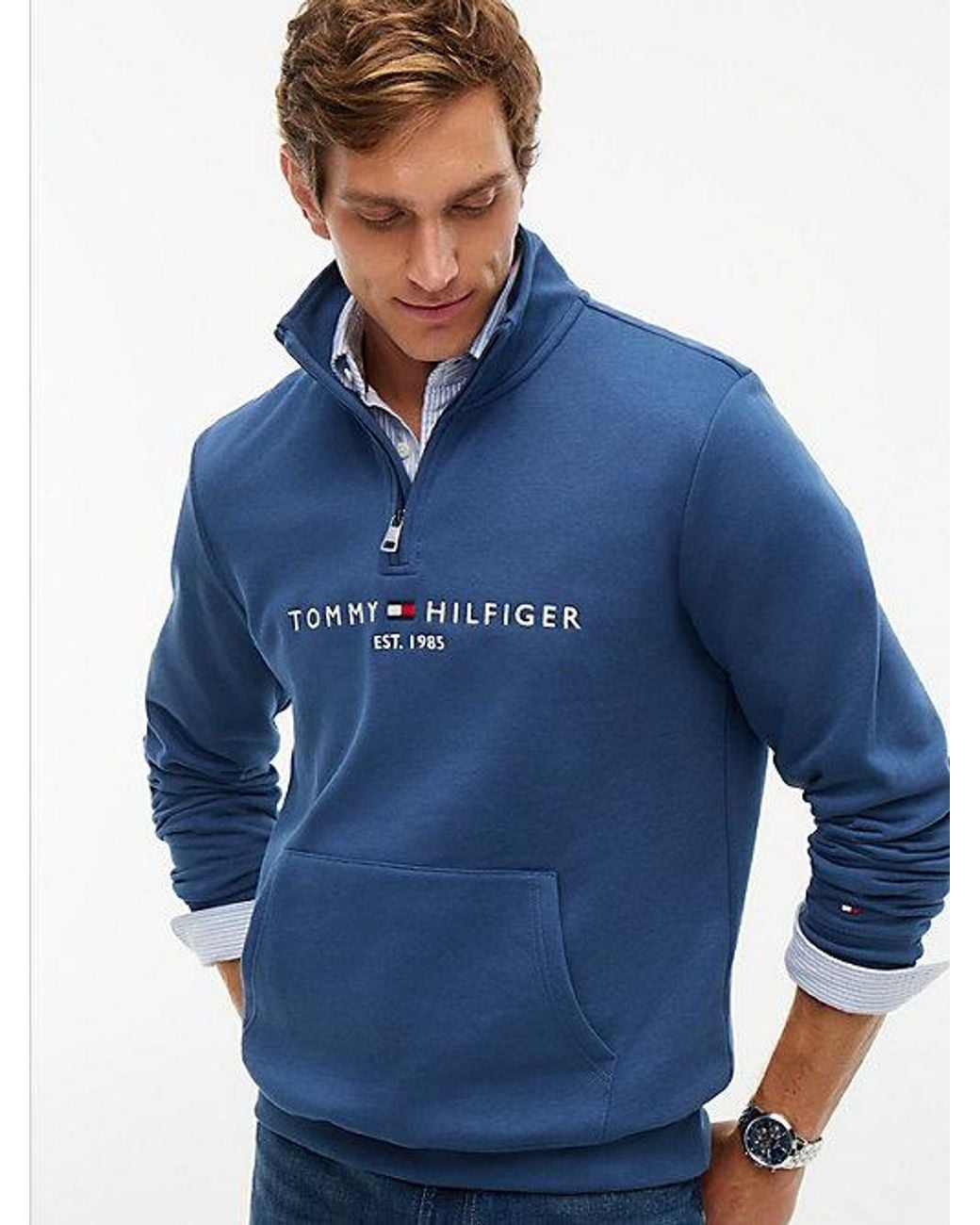 Tommy Hilfiger Blue Logo Fleece Quarter Zip Sweatshirt for men