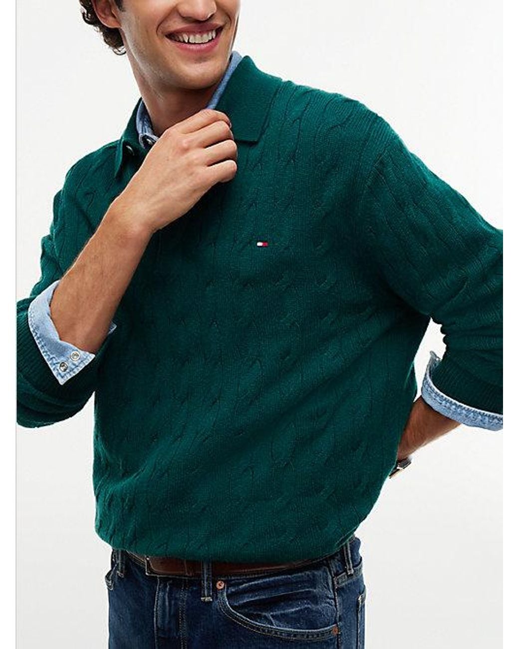 Tommy Hilfiger Green Pure Wool Cable Knit Rugby Jumper for men