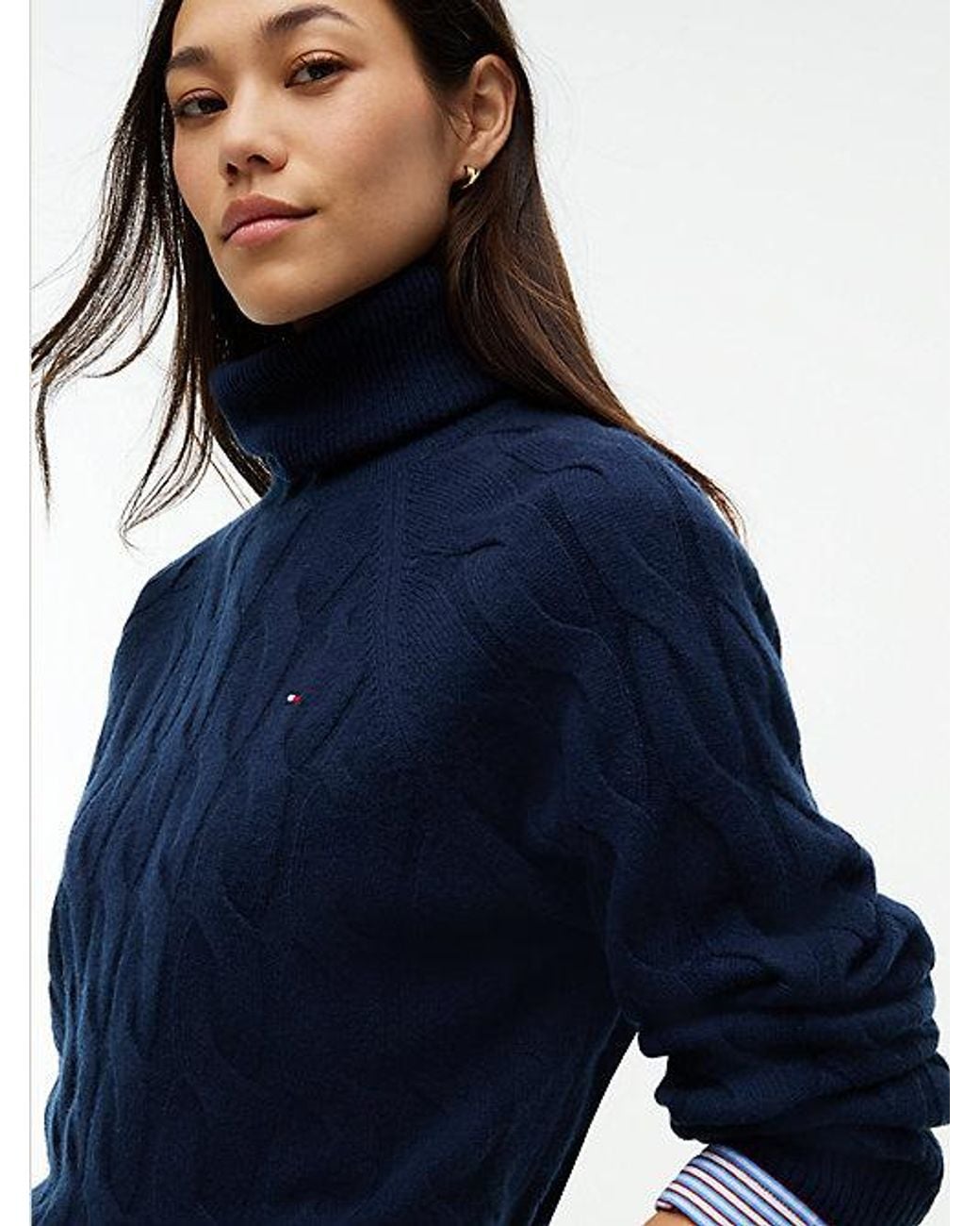 Tommy Hilfiger Blue Pure Wool Cable Roll Neck Jumper