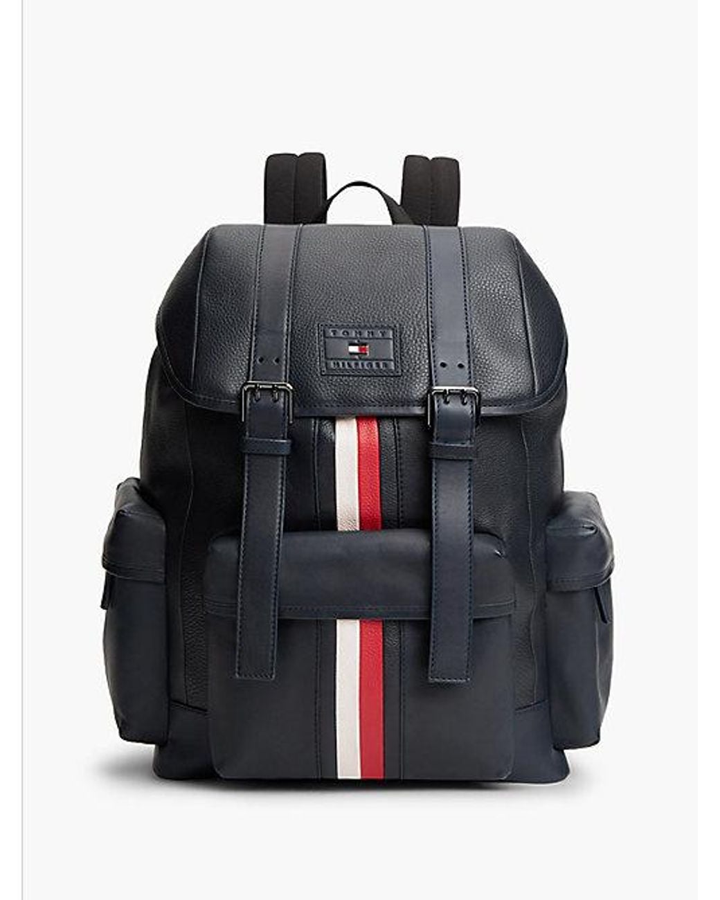 Tommy Hilfiger Black Leather Global Stripe Buckle Flap Backpack for men