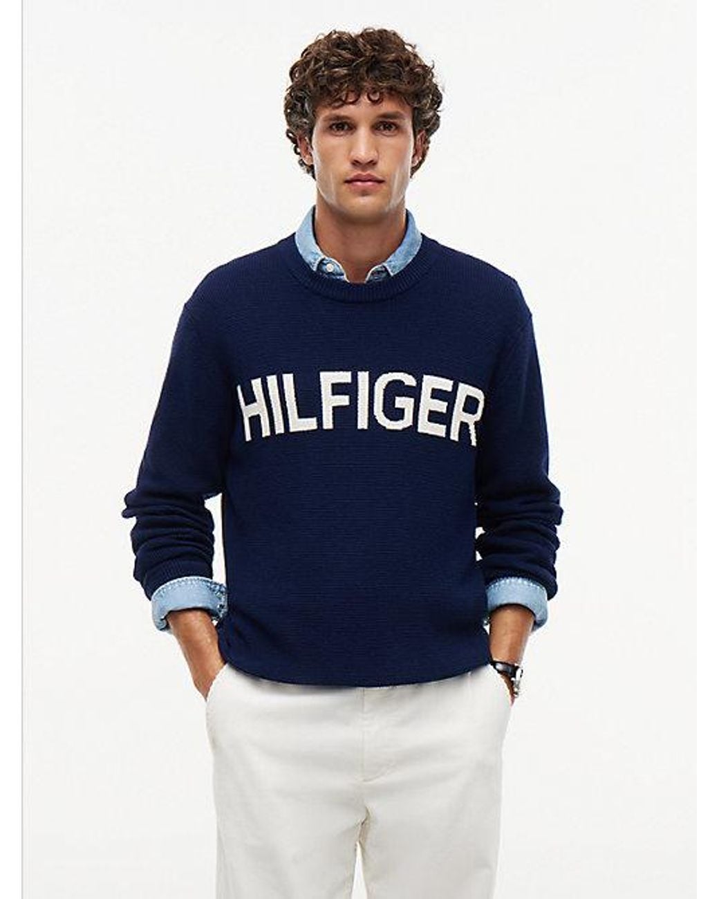 Tommy Hilfiger Blue Intarsia Logo Waffle Knit Relaxed Jumper for men