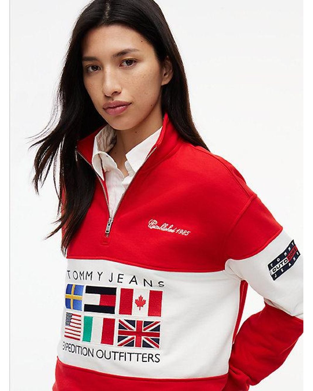 Tommy Hilfiger Red Tommy Jeans Logo Terry Quarter Zip Sweatshirt
