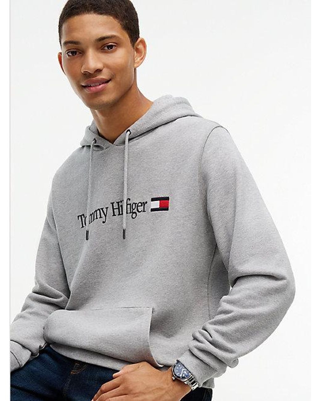 Tommy Hilfiger Gray Logo Terry Drawstring Hoody for men
