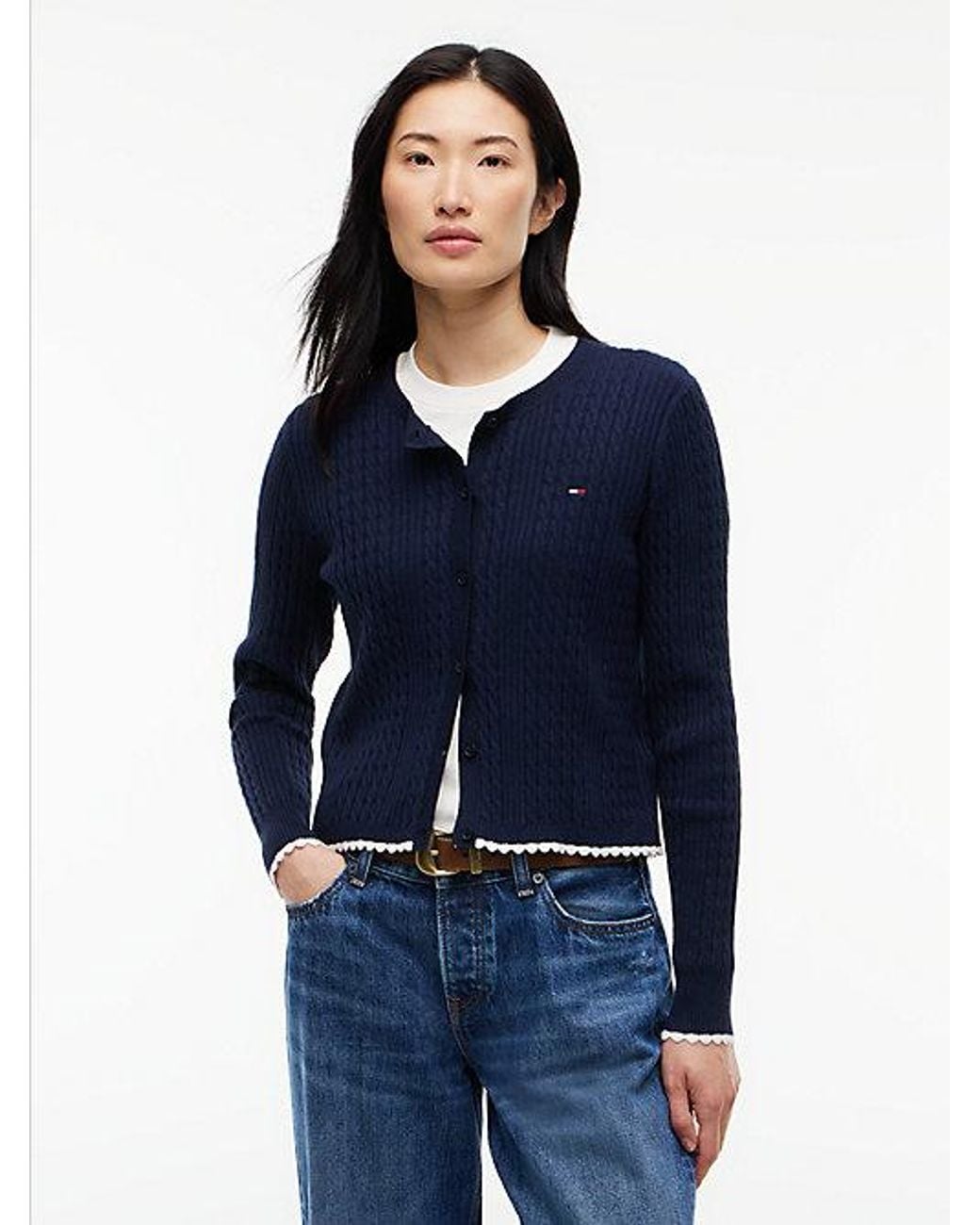Tommy Hilfiger Blue Tommy Jeans Cable Knit Scalloped Trim Slim Cardigan