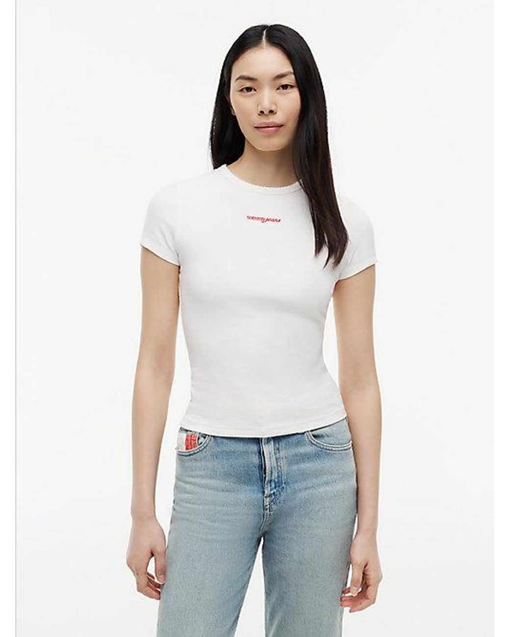 Tommy Hilfiger White Logo Ribbed Slim T-Shirt