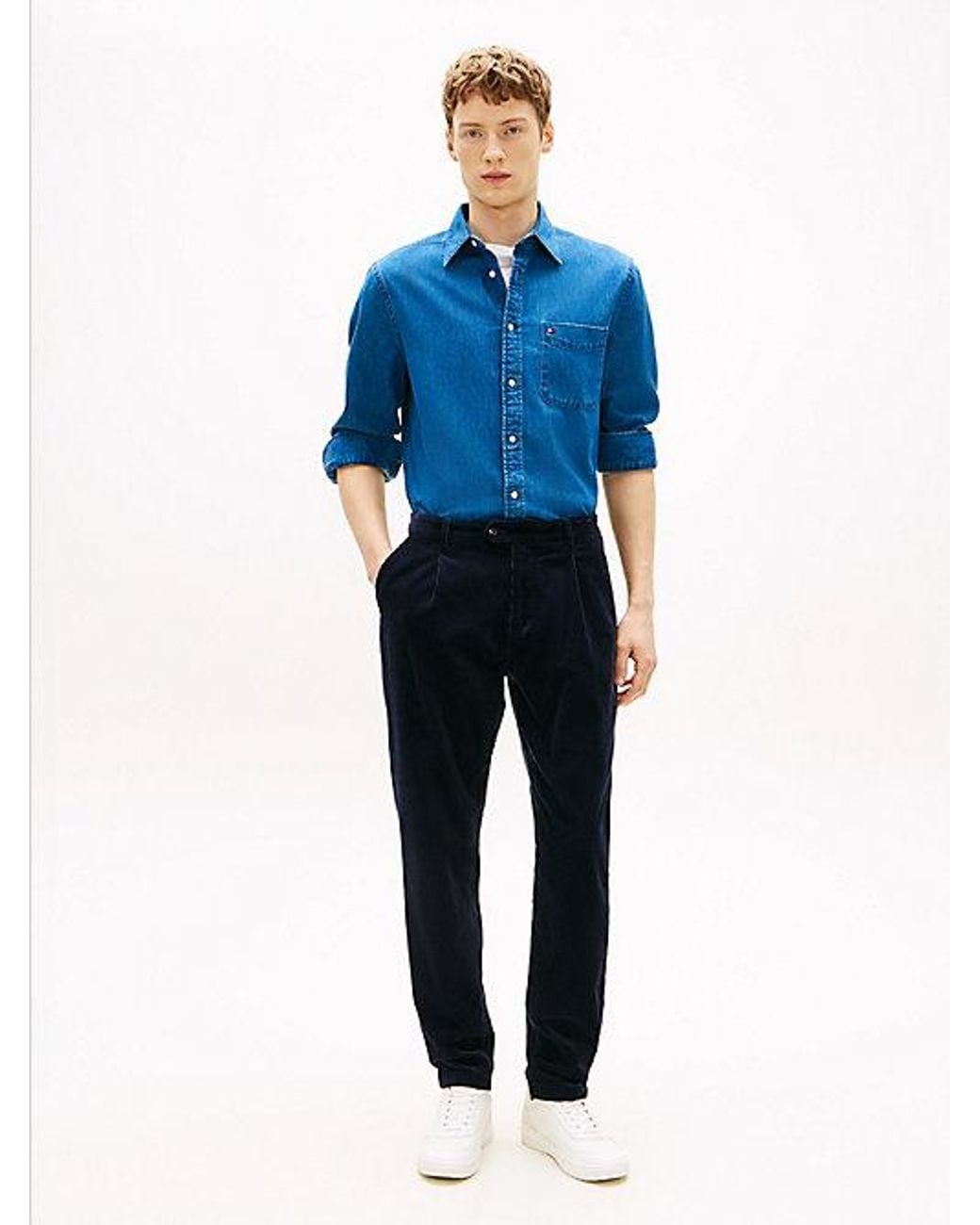 Tommy Hilfiger Blue Harlem Pleated Tapered Corduroy Chinos for men