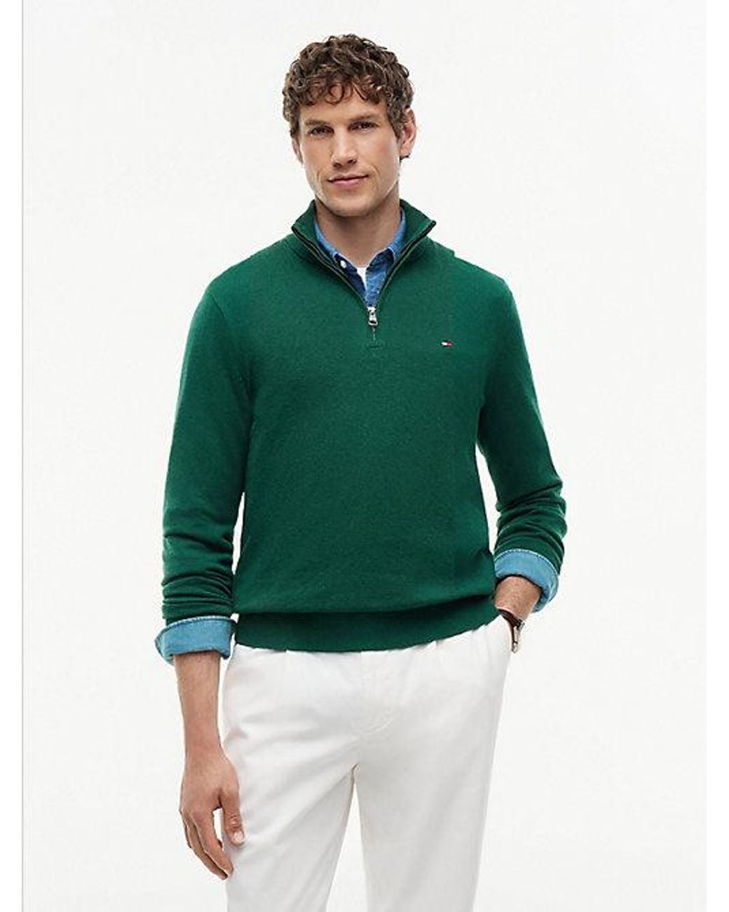 Tommy Hilfiger Green Mock Neck Quarter Zip Jumper With Cashmere for men