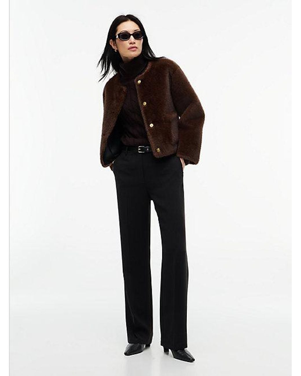 Tommy Hilfiger Brown Collarless Faux Fur Jacket