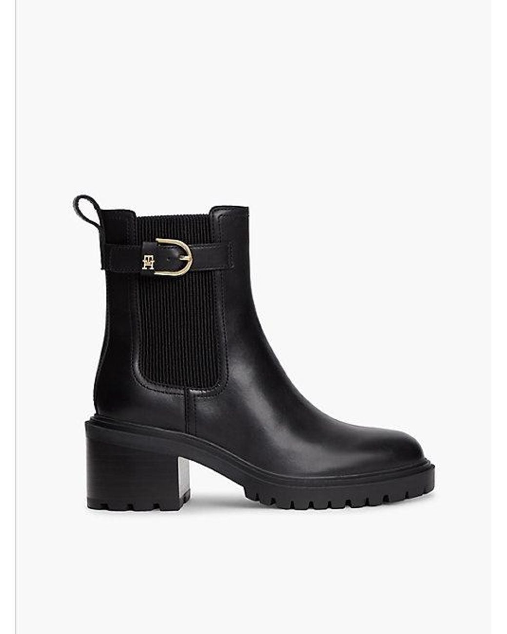 Tommy Hilfiger Black Leather Buckle Block Heel Chelsea Boots