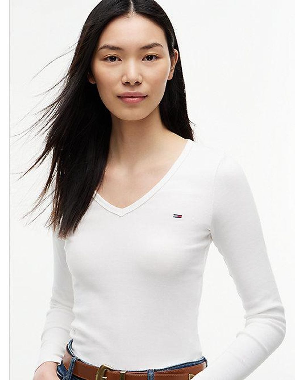 Tommy Hilfiger White Tommy Jeans Slim V Neck Long Sleeve T-Shirt