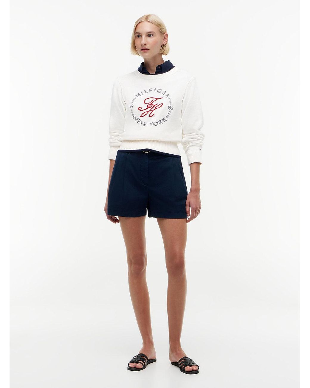 Tommy Hilfiger White Logo Embroidery Relaxed Crew Neck Jumper