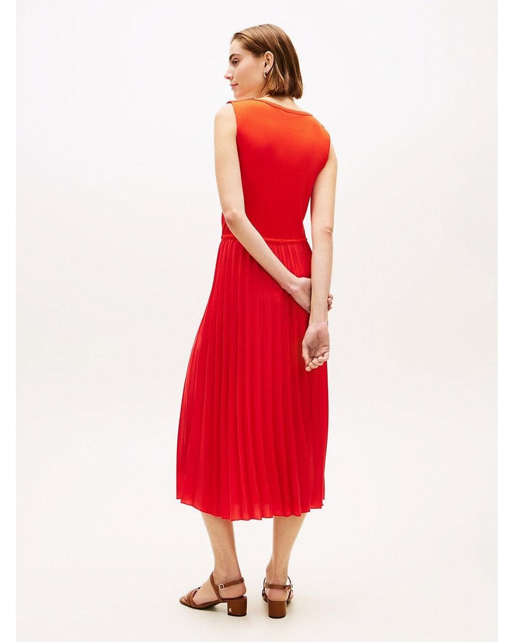 Tommy Hilfiger Red Pleated Sleeveless Slim Midi Dress