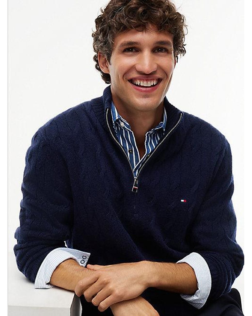 Tommy Hilfiger Blue Pure Lambswool Cable Knit Quarter Zip Jumper for men