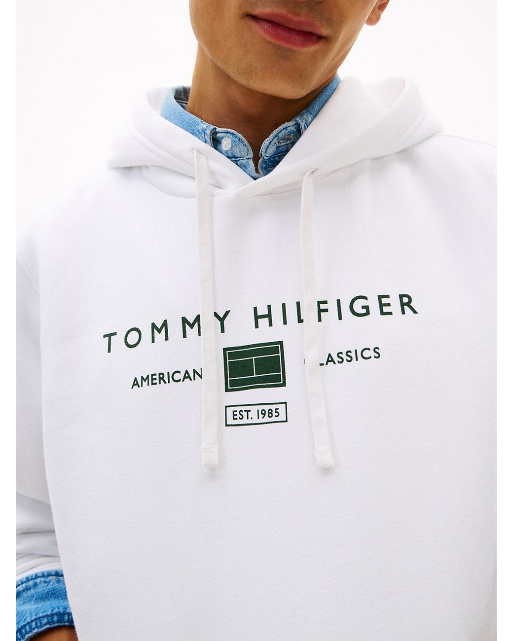 Tommy Hilfiger White Logo Terry Drawstring Hoody for men