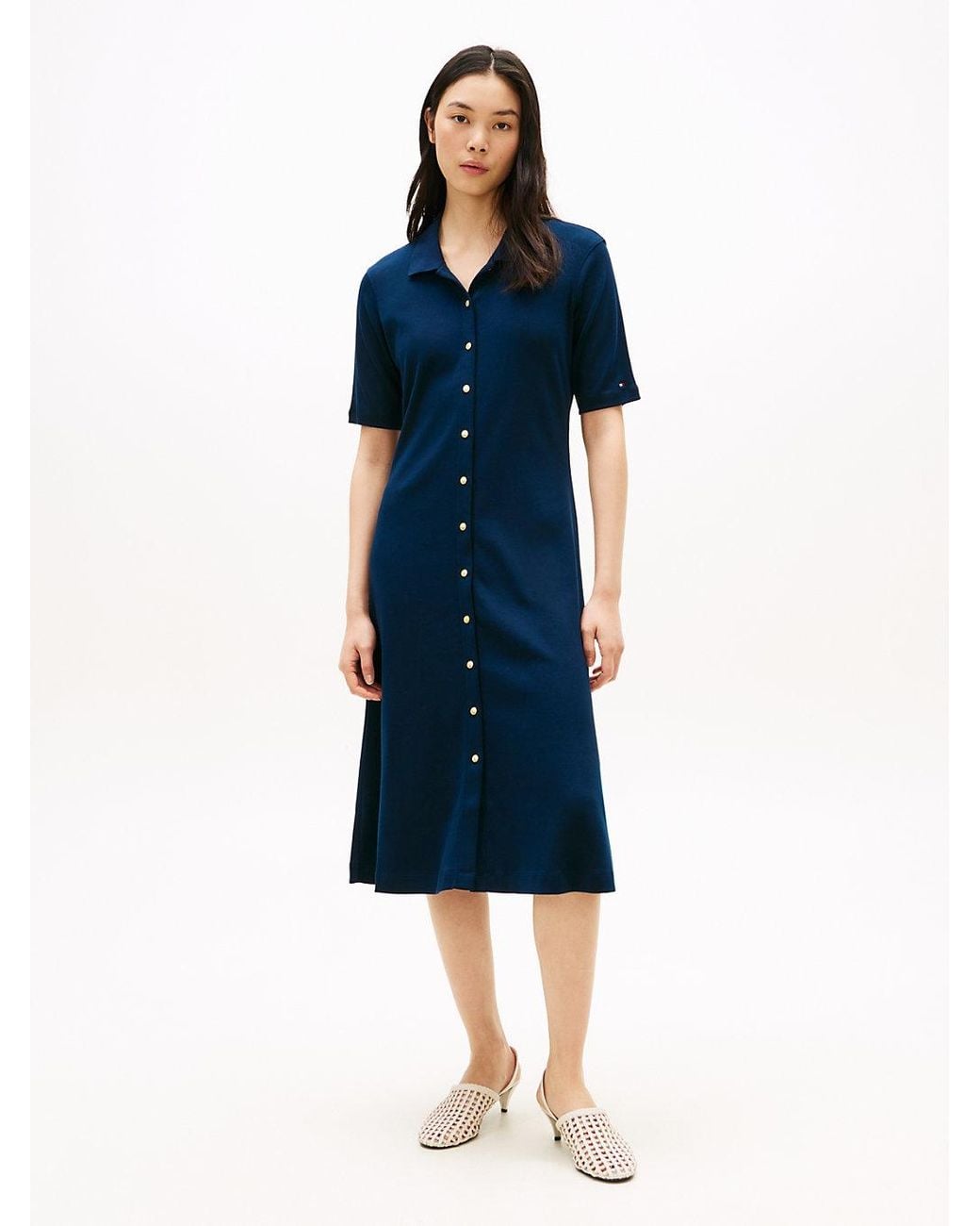 Tommy Hilfiger Blue Tone Button Midi Polo Dress