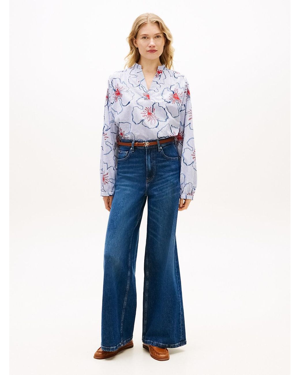 Tommy Hilfiger Blue Relaxed Fit Poplin V-Neck Blouse