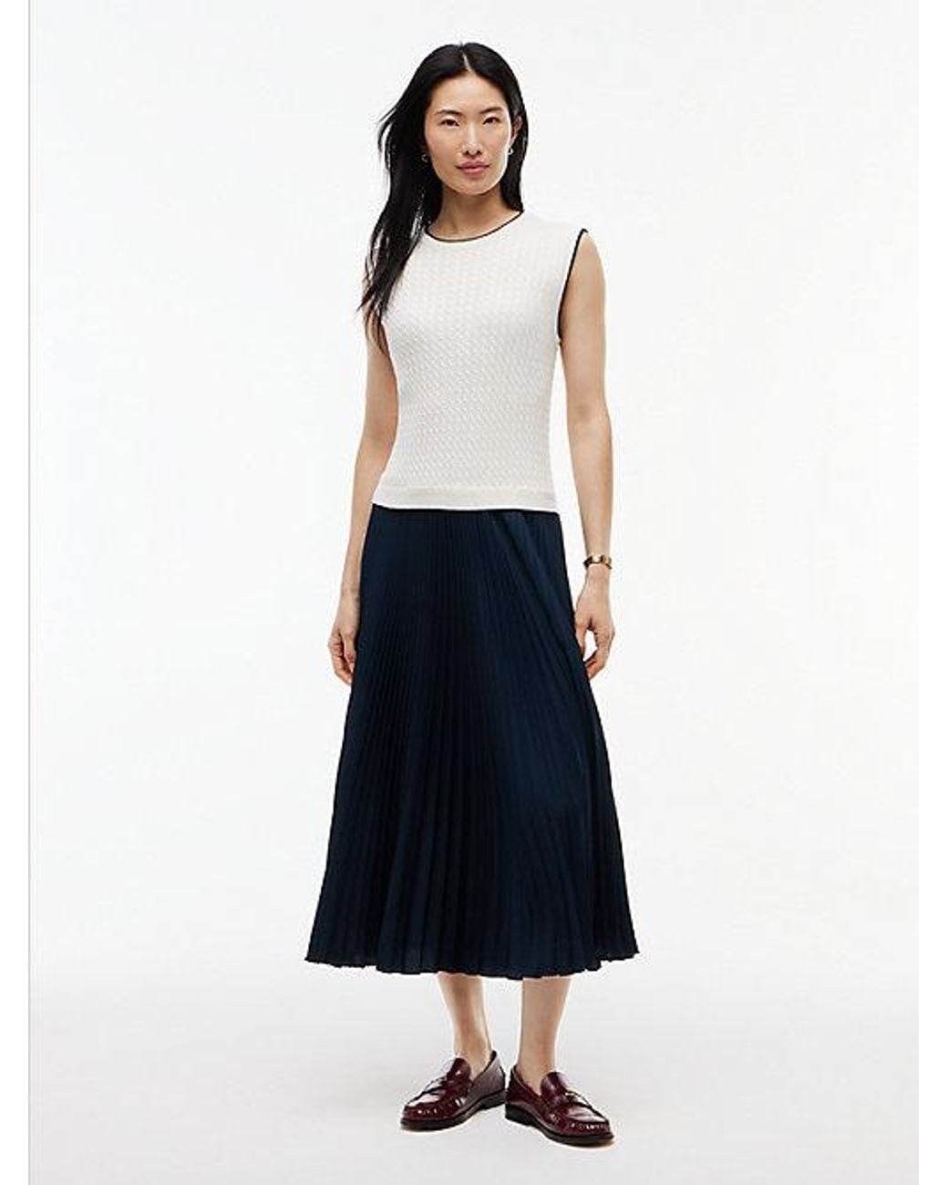 Tommy Hilfiger Blue Cable Knit Pleated Sleeveless Flare Dress