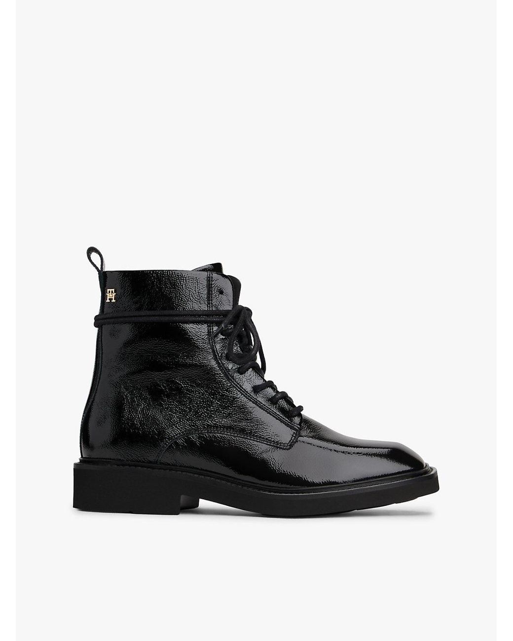 Tommy Hilfiger Black Crinkle Leather Lace-Up Ankle Boots