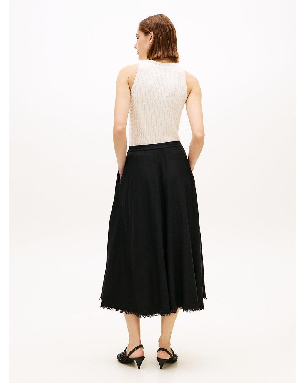 Tommy Hilfiger White Pleated Linen Blend Midi A-Line Skirt