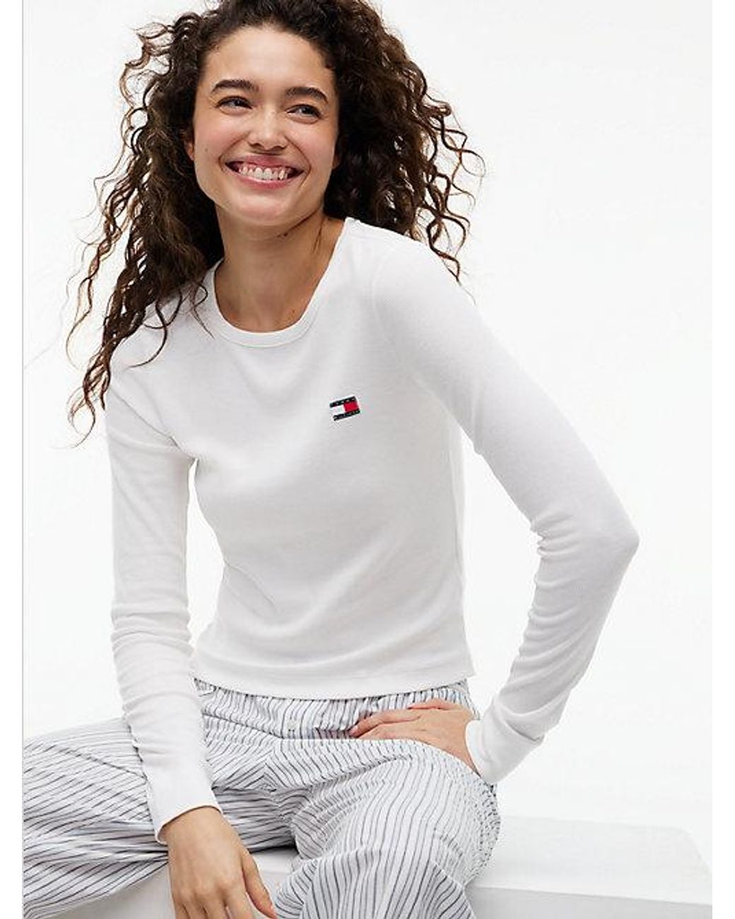 Tommy Hilfiger White Heritage Ribbed Long Sleeve Lounge T-Shirt