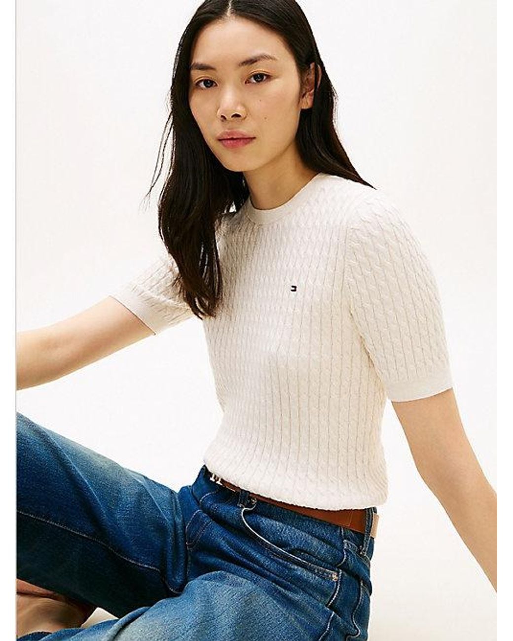 Tommy Hilfiger White Cable Knit Short Sleeve Jumper