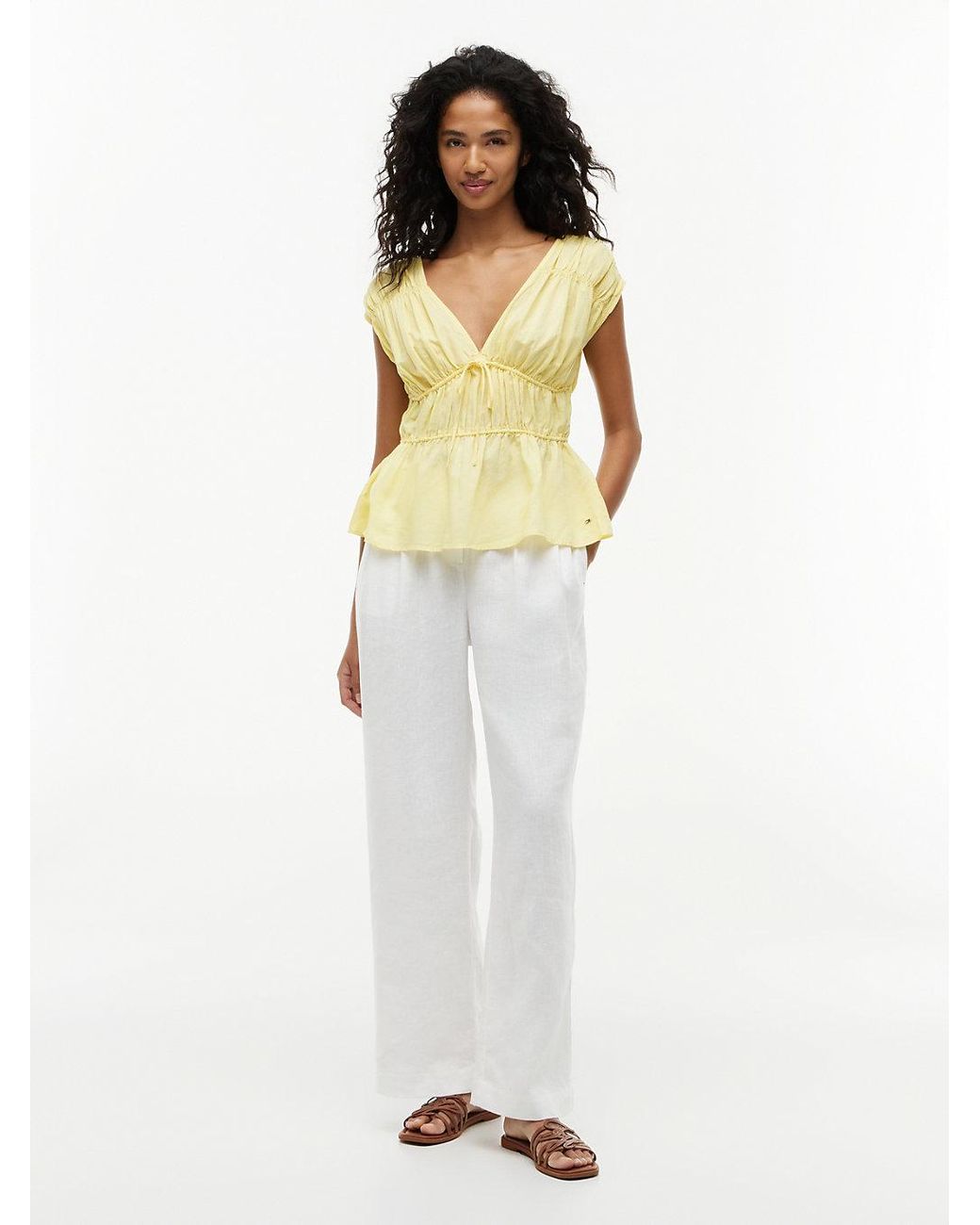 Tommy Hilfiger Yellow Regular Fit Sleeveless Smock Blouse With Linen