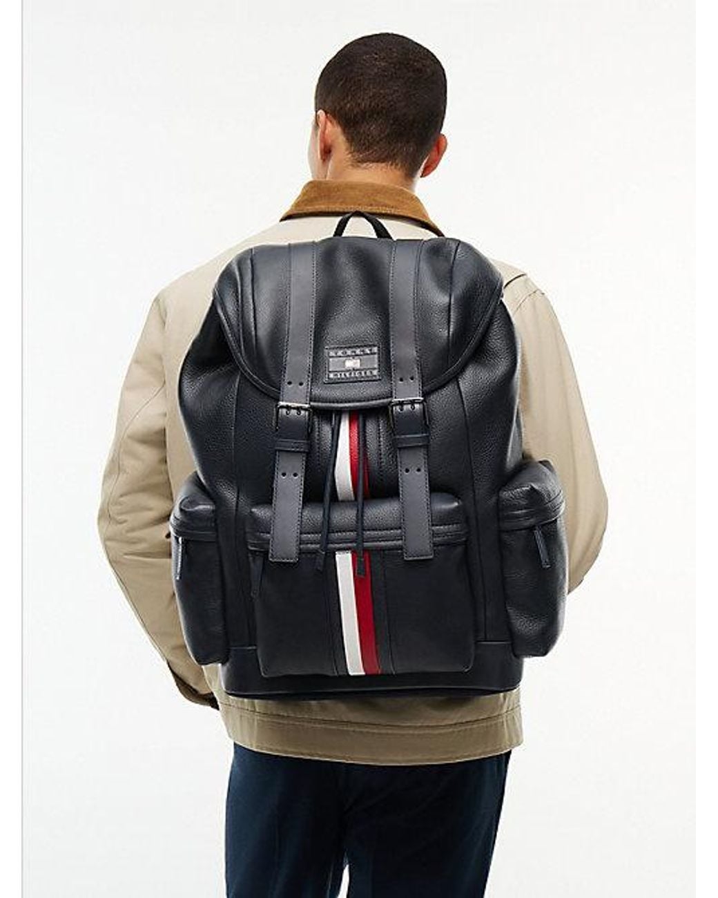 Tommy Hilfiger Black Leather Global Stripe Buckle Flap Backpack for men
