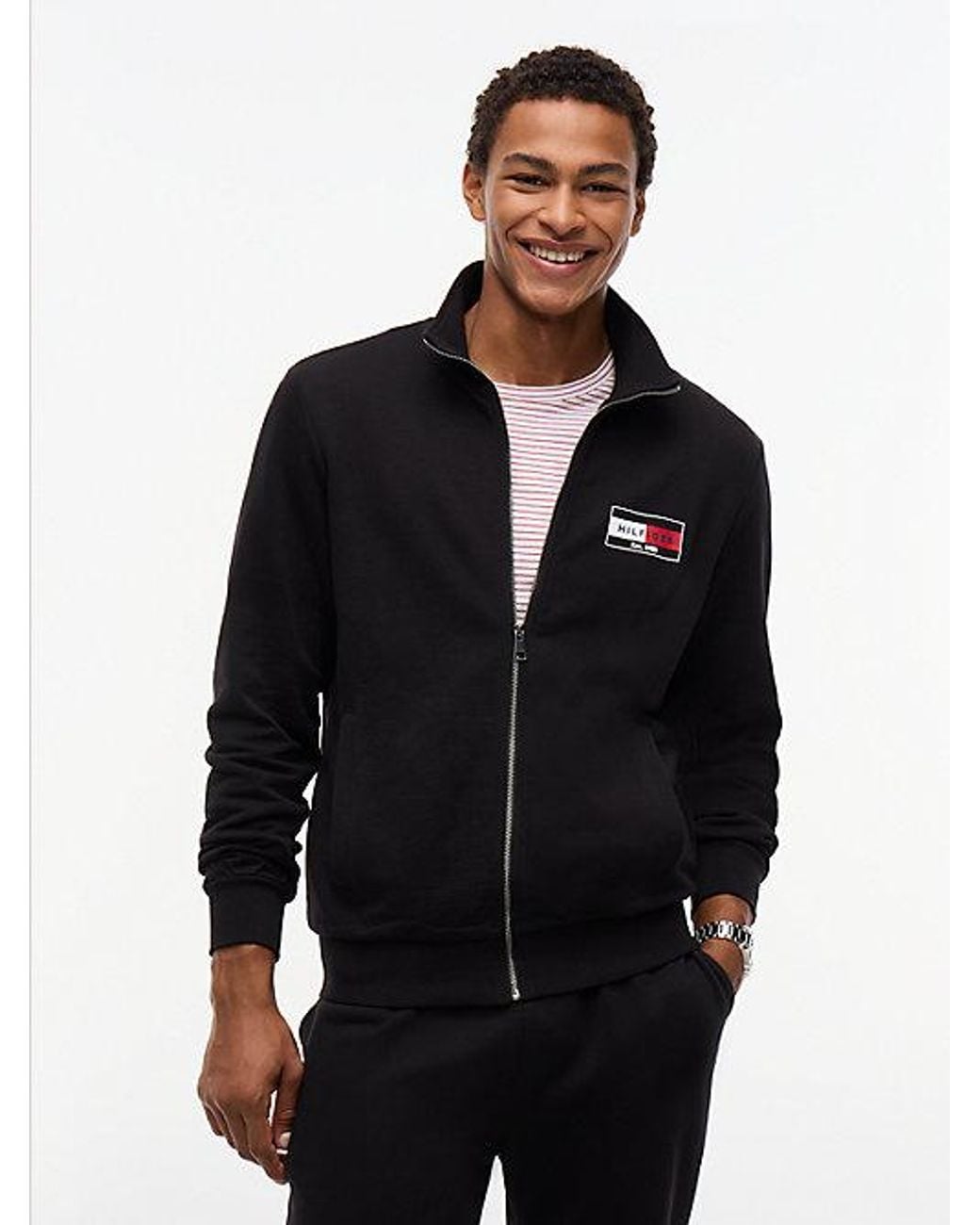 Tommy Hilfiger Black Logo Zip Thru Terry Sweatshirt for men