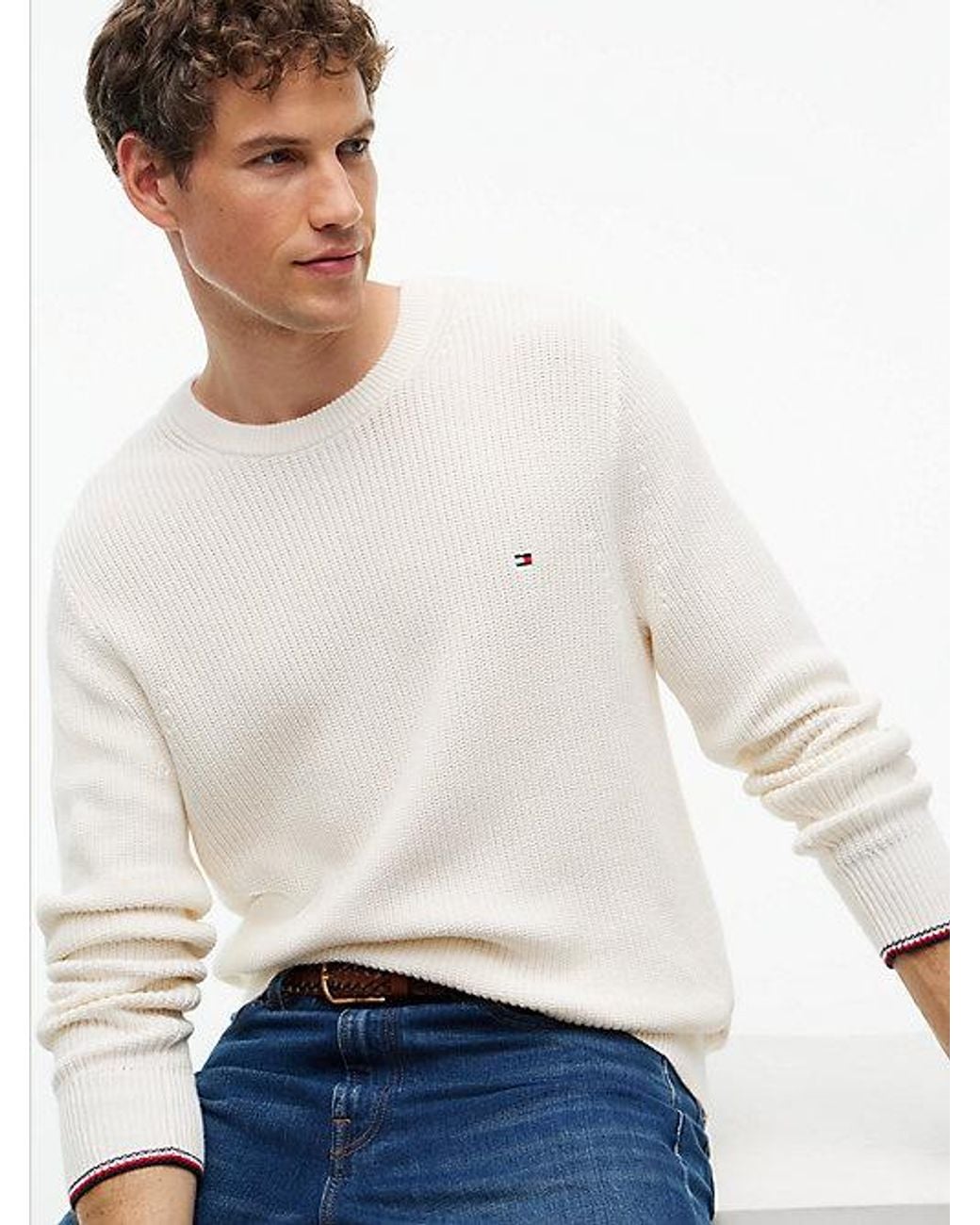 Tommy Hilfiger White Tipped Cuff Crew Neck Jumper for men