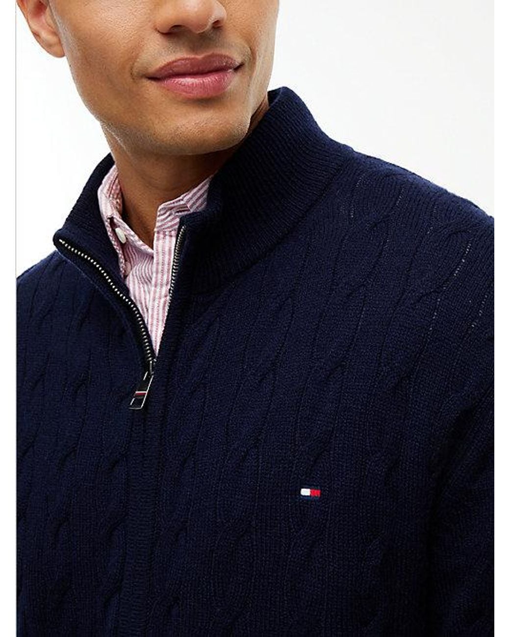 Tommy Hilfiger Blue Lambswool Zip Thru Cable Knit Jumper for men