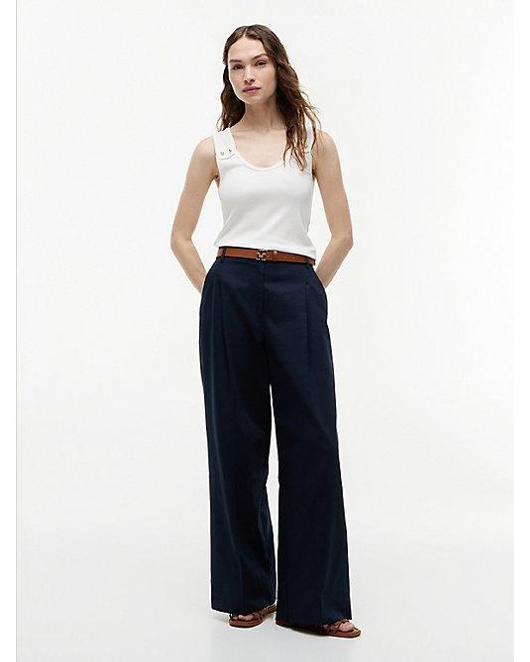 Tommy Hilfiger White Tone Button Ribbed Tank Top