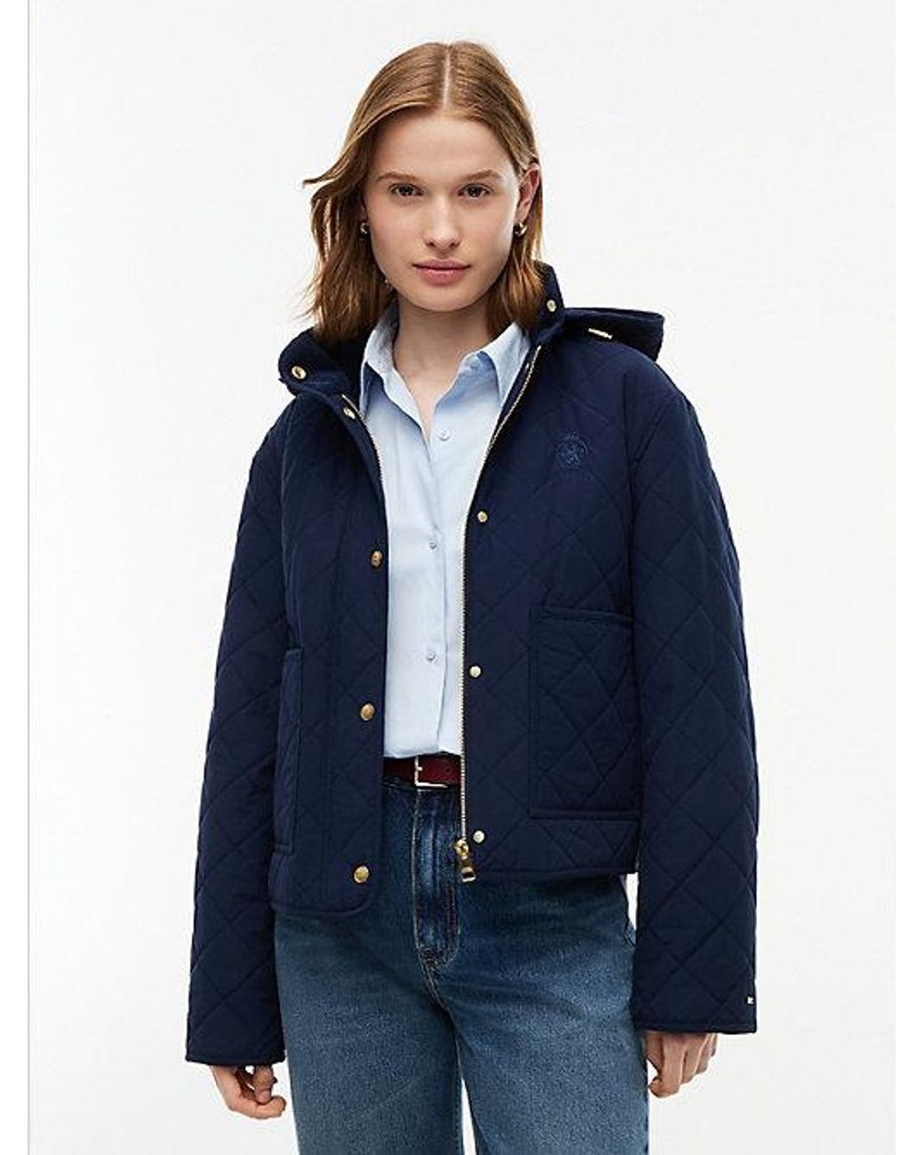 Tommy Hilfiger Blue Crest Embroidery Square Quilted Hooded Jacket